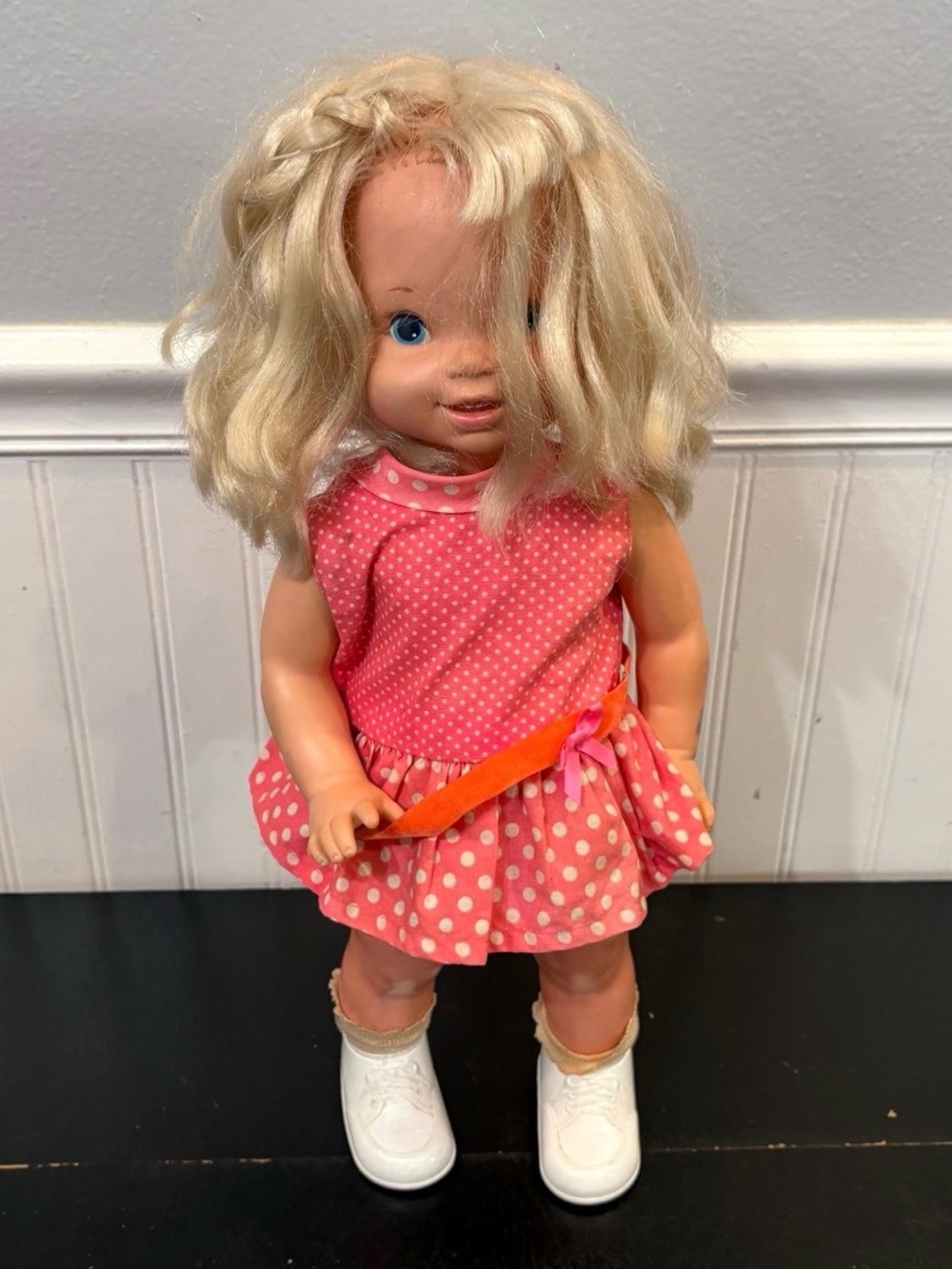 Blonde Baby Doll in Pink Polka Dot Dress